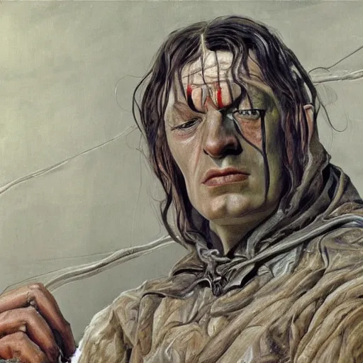 Image similar to high quality high detail painting by lucian freud, hd, sauron from lord of the rings