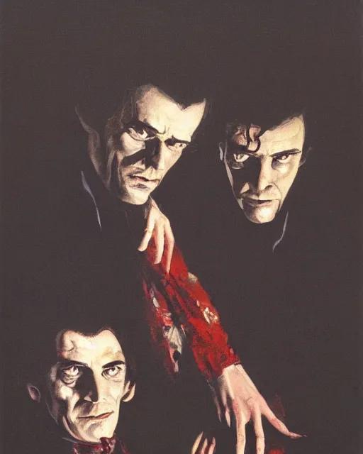 Image similar to two handsome but sinister men wearing oxford shirts in layers of fear, with haunted eyes, 1 9 7 0 s, seventies, wallpaper, a little blood, morning light showing injuries, delicate embellishments, painterly, offset printing technique, by brom, robert henri, walter popp