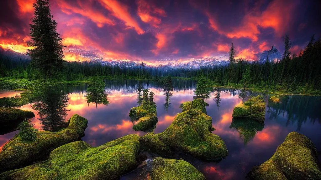 Image similar to amazing landscape photo of a forest with lake in sunset by marc adamus, beautiful dramatic lighting