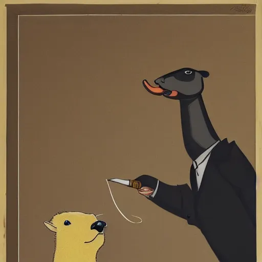 Image similar to a high detail photo of an antropomorphic capybara wearing a suit smoking a cigarrette, subject= duck, subject detail: wearing a suit, subject action: smoking a cigarrette photorealism