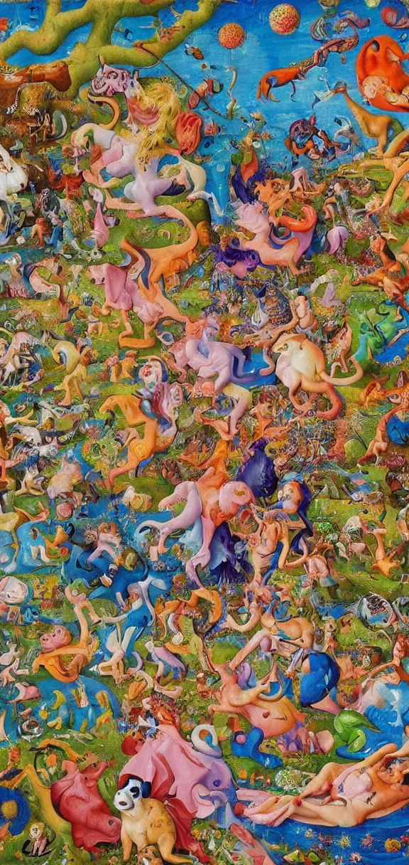 Image similar to an incredibly detailed masterpiece collaborative painting by bosch and lisa frank, ornate, detailed, high resolution, wow!, intricate