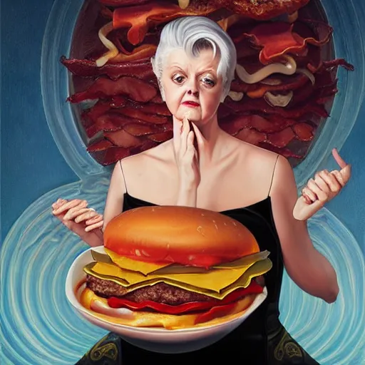 Prompt: detailed full body concept art illustration oil painting of Angela Lansbury consuming hamburgers, extra ketchup, bacon lettuce and tomatos, oriental art nouveau, frock, mid body, radiant halo of light, black gold smoke ink, woman covered in bacon and cheese, peter mohrbacher, artgerm