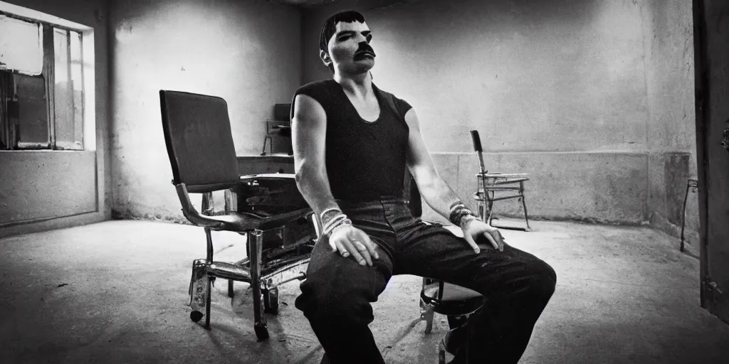 Image similar to freddie mercury sits in a russian prison, black and white photo, realism, 3 5 mm, good lighting