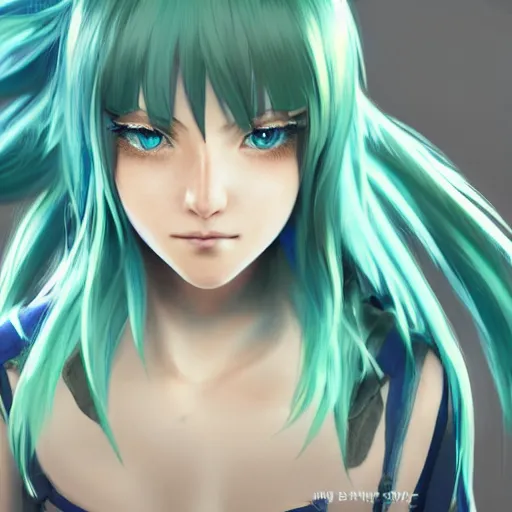 Image similar to a blue haired green eyes girl in a dynamic pose. character design. gesture drawing. line of action. official art, unreal engine 5, unreal engine. tetsuya nomura. medium shot. ray tracing hdr. 8 k. uhd. sharp focus. highly detailed. masterpiece. anime render. cinematic lighting. lifelike. symmetrical face. beautiful face