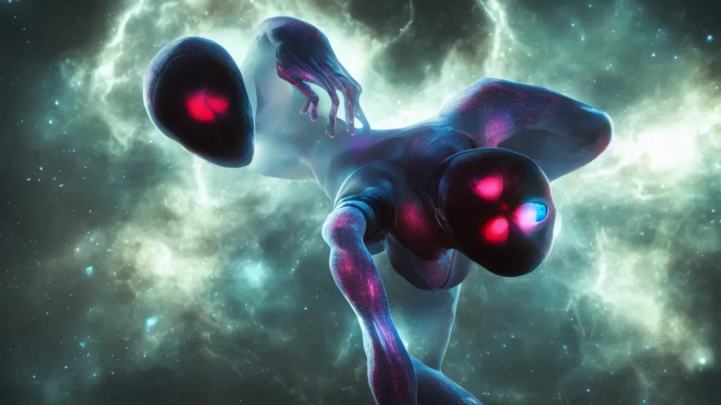 Image similar to spider human child hybrid on a planet. close bottom view. whole body. nebula background. cinematic composition. cinematic lightning. ultra realistic. 8 k. highly detailled. deep space. ultra realistic details. cinematic atmosphere. studio lighting. shadows. dark background.