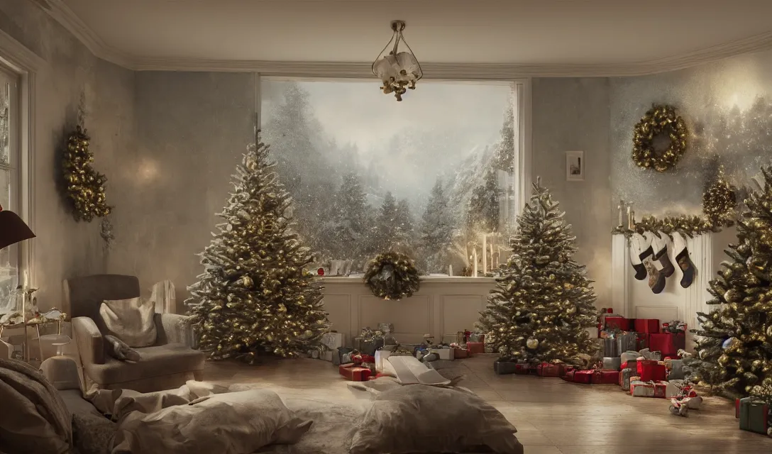 Image similar to a christmas eve in a beautiful home, photorealistic landscape painting on the wall, ascher clemens, home, interior, octane render, deviantart, greg rutkowski, cinematic, key art, hyperrealism, canon eos c 3 0 0, ƒ 1. 8, 3 5 mm, 8 k, medium - format print