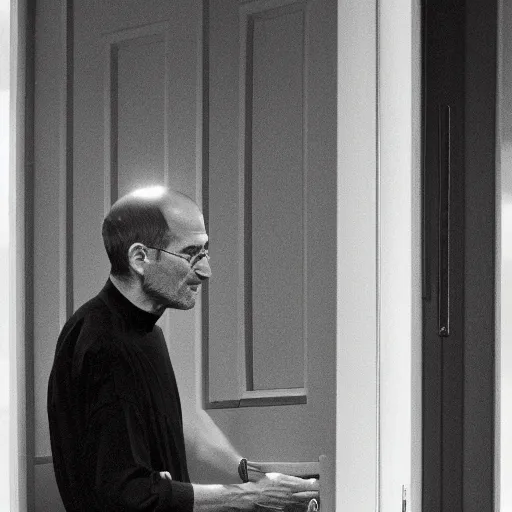 Image similar to steve jobs knocking at the front door for someone to let him in the house, while it's thunderstorm, at night