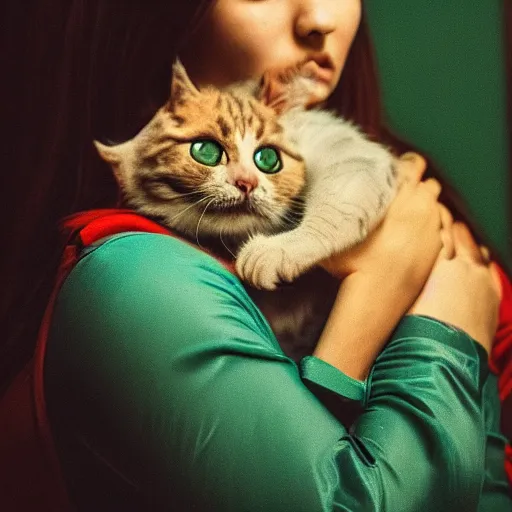 Image similar to a woman holding a cat in her arms, a renaissance painting by sailor moon, pexels contest winner, rasquache, booru, high quality photo, rtx