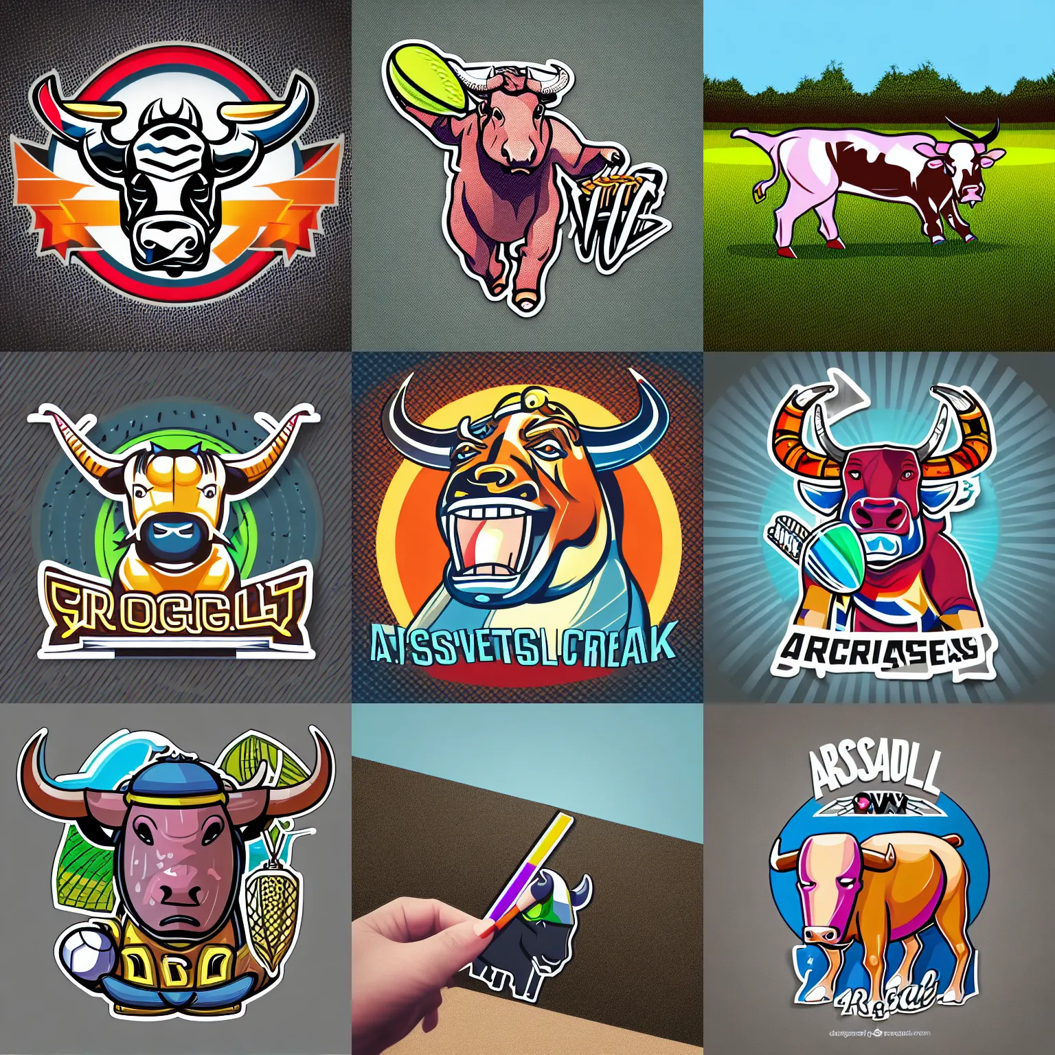 Prompt: “ aggressive bull with a cricket ball, full body mascot, sticker, highly detailed, colorful, illustration, smooth and clean vector curves, no jagged lines, low noise, vector art, logo ”