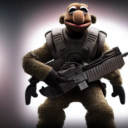 Image similar to kanye west muppet muppet muppet in gears of war, splash art, movie still, detailed face, photorealistic facial features, cinematic lighting, dramatic, octane render, long lens, shallow depth of field, bokeh, anamorphic lens flare, 8 k, hyper detailed, 3 5 mm film grain