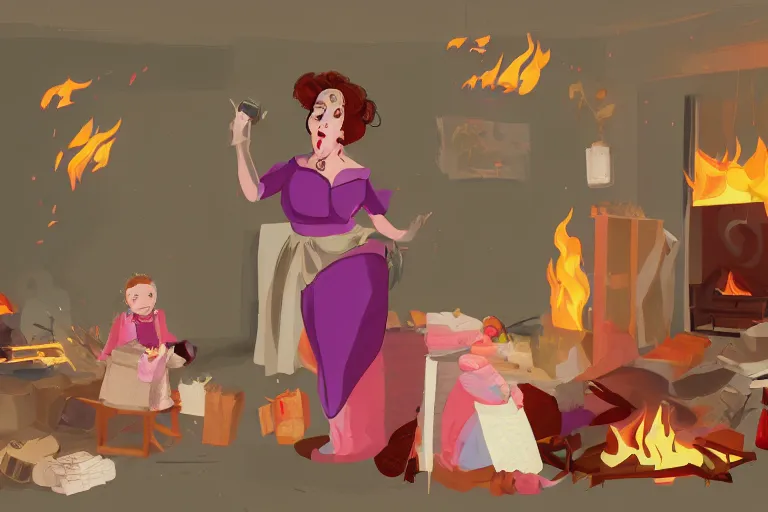 Image similar to a crazy housewife opera singer hurries up to pack daughter's things, surrounded with fire, clothes are flying around, digital art, trending on artstation