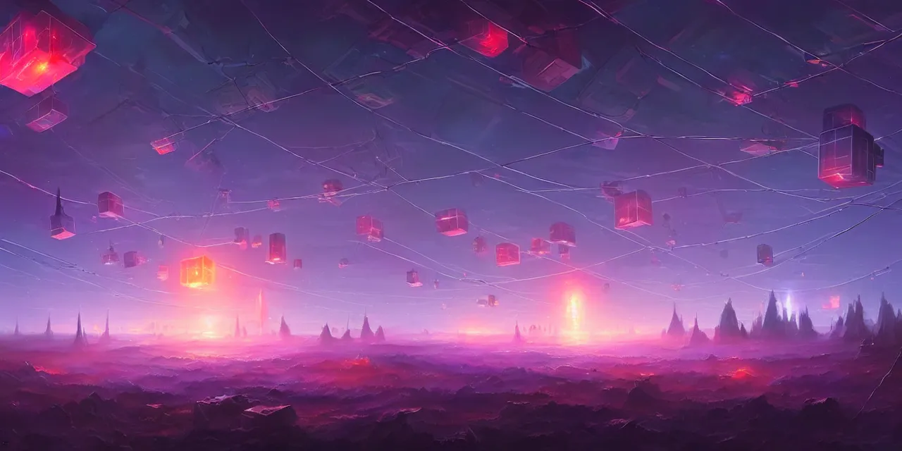 Prompt: a fleet of giant glowing futuristic cubes tied to each other with lots of wires in the sky, a fantasy magical landscape seen in the distance, atmospheric lighting, intricate, volumetric lighting, beautiful, sharp focus, ultra detailed, in the art style of marc simonetti, bowater charlie and brom gerald, astrophotography