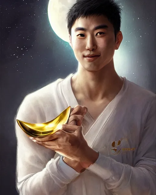 Prompt: a portrait of moon ho joon, held a trophy on his hand, happy face, highly detailed, art by artgerm and greg rutkowski and fra angelico and alphons mucha