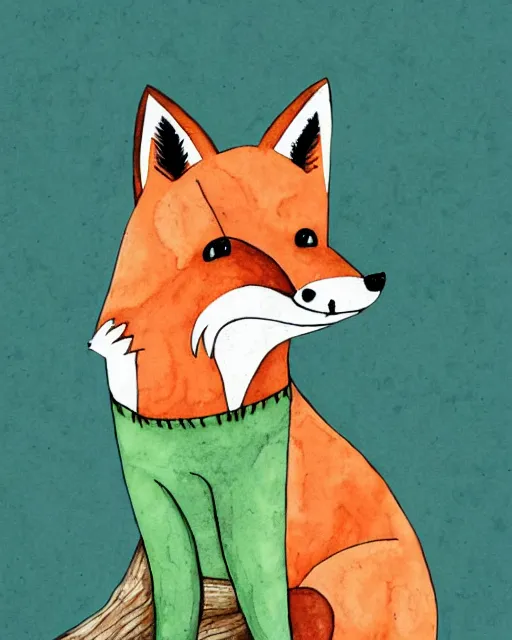 Prompt: fox with a fallen log. ink and watercolor. threadless contest winner. greenscreen background