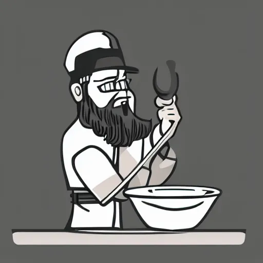 Image similar to bearded man turns bowl on lathe, vector art, simple, clean