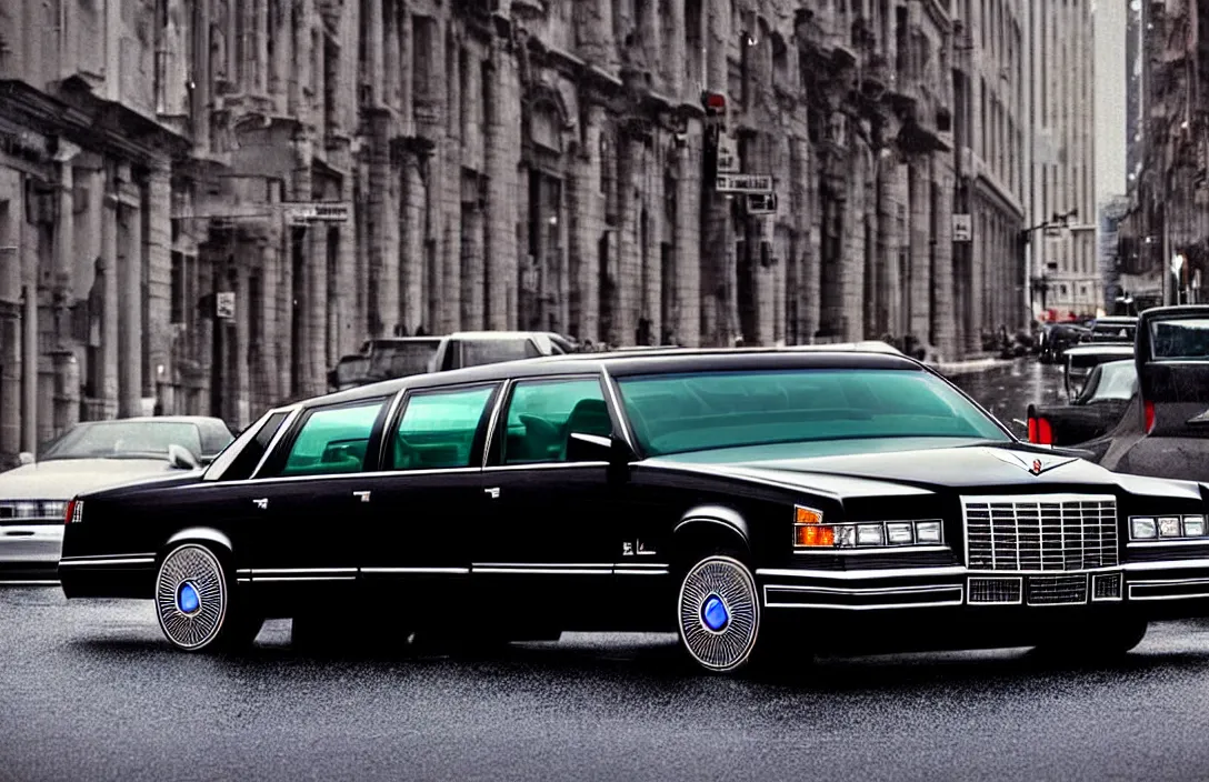 Image similar to hyper realistic, high detail real life photo of black 1 9 9 2 cadillac de ville, city streets wet, beautiful, dreary lighting