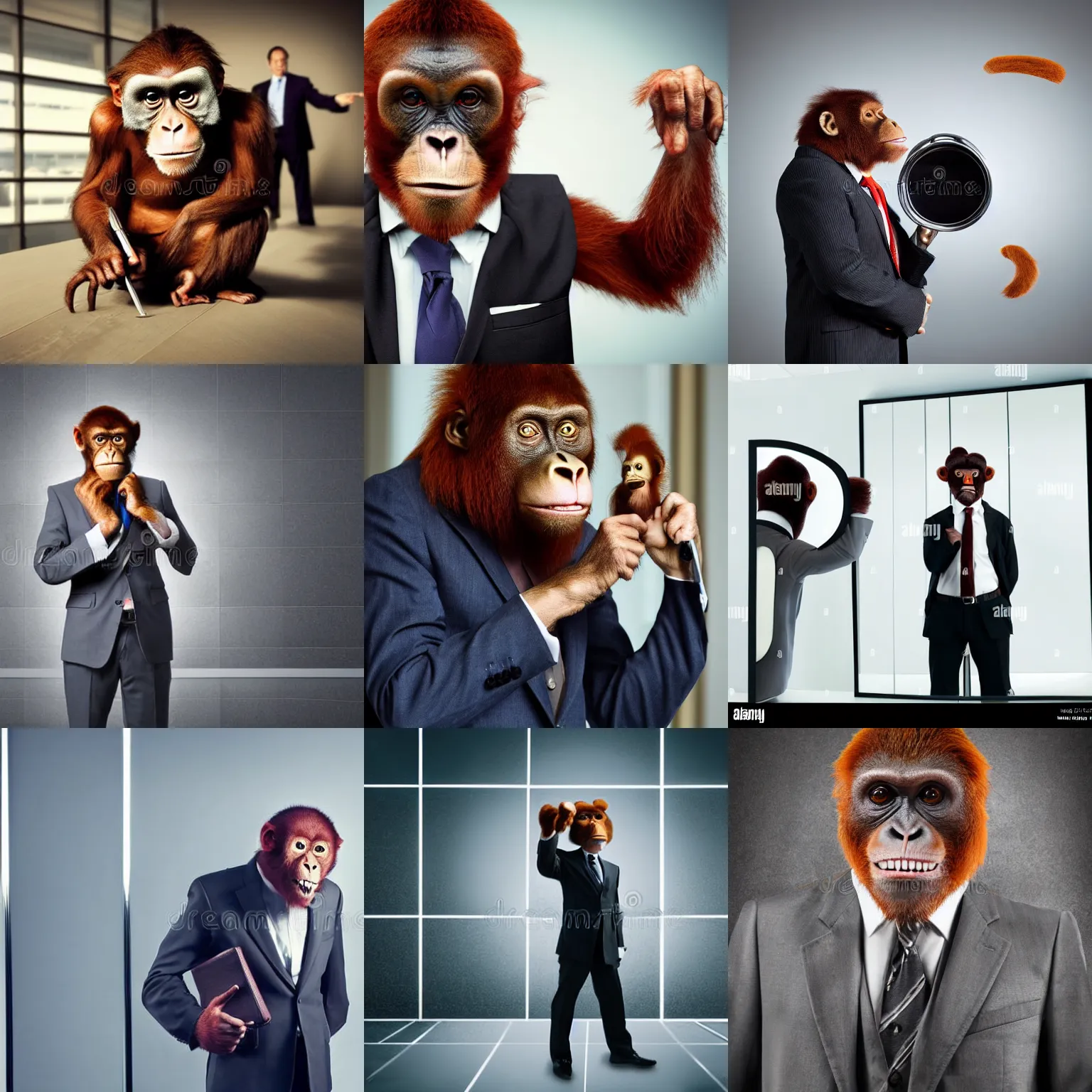 Prompt: angry business monkey in a business suit orangutan, wearing a suit, holding a briefcase, standing in front of a mirror, yelling, mirror, angry at mirror, photograph 5 5 mm zeiss f / 4 award winning photograph stock photo, film still by denis villeneuve