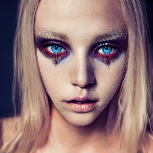 Image similar to A gorgeous blonde, grungy, glowing eyes, modelsociety, radiant skin, huge anime eyes, studio lighting, perfect face, intricate, Sony a7R IV, symmetric balance, polarizing filter, Photolab, Lightroom, 4K, Dolby Vision, Photography Award