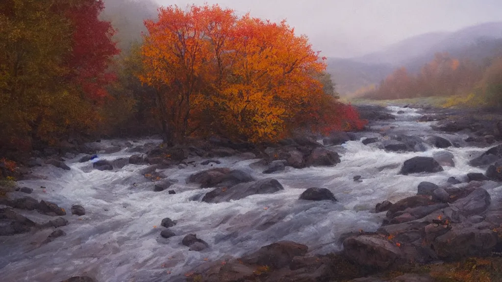 Image similar to A beautiful oil painting of hill with a single tree, the tree is in the rule of thirds, the fall has arrived and the leafs started to become golden and red, the river is zigzagging and flowing its way, the river has lots of dark grey rocks, by Greg Rutkowski