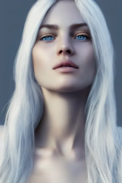 Image similar to ultra realistic facial portrait of a beautiful nordic woman, blue eyes, white hair, digital art, character portrait, highly detailed, trending on artstation, lens flare, atmosphere, hyper realistic, cinematic lightning, sharp focus, unreal engine 5, extreme details perfect face, pretty face, fine - face, illustration, 8 k, ultra texture, masterpiece