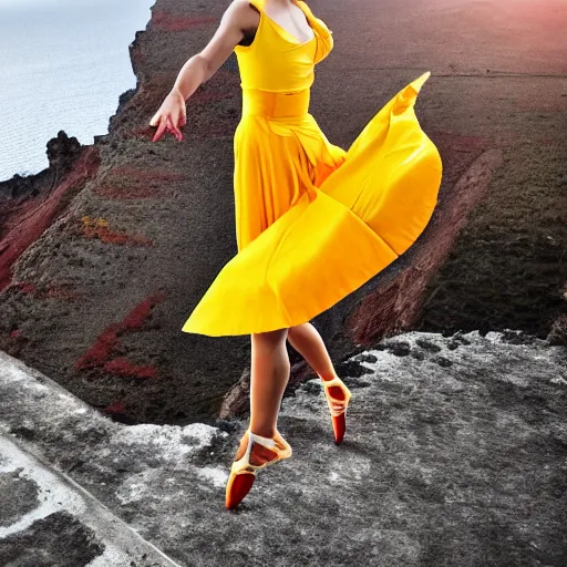 Image similar to beautiful contemporary dancer wearing a red, yellow, blue swirling dress, standing on a Santorini terrace looking down into the ocean, trending on artstation, cinematic, photorealistic