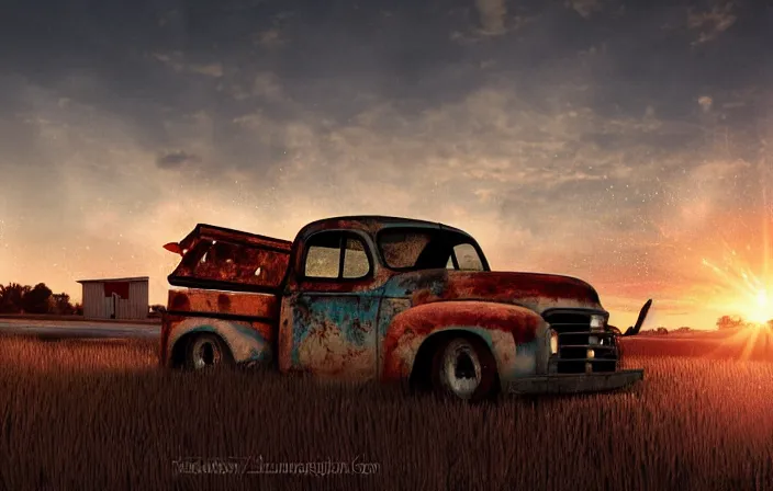 Prompt: A blinding backlight summer sunset landscape with historical route66 with abandoned gas station and a single old rusty pickup-truck. the summer light dimly illuminates, diffuse light, octane render, lots of sparkling details and sun ray’s, blinding backlight, smoke, volumetric lighting, 35 mm, beautiful reflections, heavenly, softlight