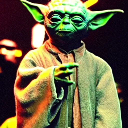 Prompt: Yoda performing on stage at a rap concert