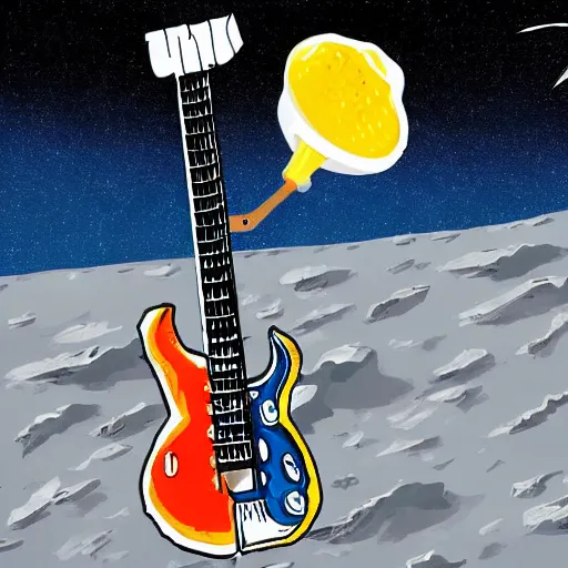 Prompt: an electric guitar headstock and a beer can on the moon. very detailed. cartoon. realistic