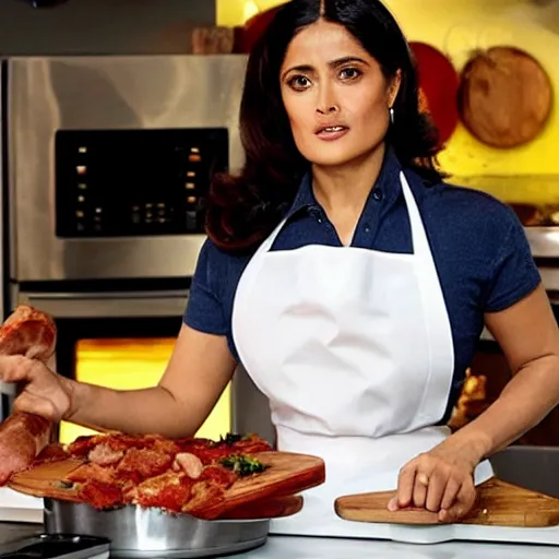 Image similar to salma hayek modeling for a cooking show with food, in a kitchen, next to a person made of meat