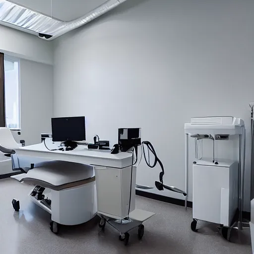 Image similar to minimalist room full of medical equipment, unknown location, clean, stucco walls, shiny floors