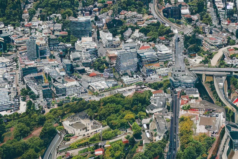 Image similar to bird's eye view photography of a small city. town hall, central farm, monorail station, beach and shipping dock. hills, woods and lake to the north.