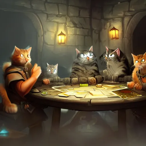 Prompt: a group of cats playing dungeons and dragons around a table in a dark cellar. soft ligthing. concept art, high details. artstation hq