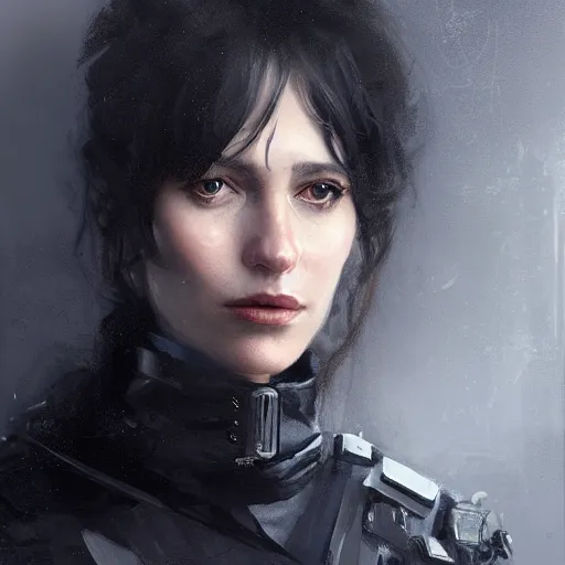 Image similar to Portrait of a woman by Greg Rutkowski, she is about 30 years old, black wavy hair with bangs, her features are a mix between French, Turkish and Russian, younger sister vibes, she is wearing a futuristic police gear, highly detailed portrait, digital painting, artstation, concept art, smooth, sharp foccus ilustration, Artstation HQ.