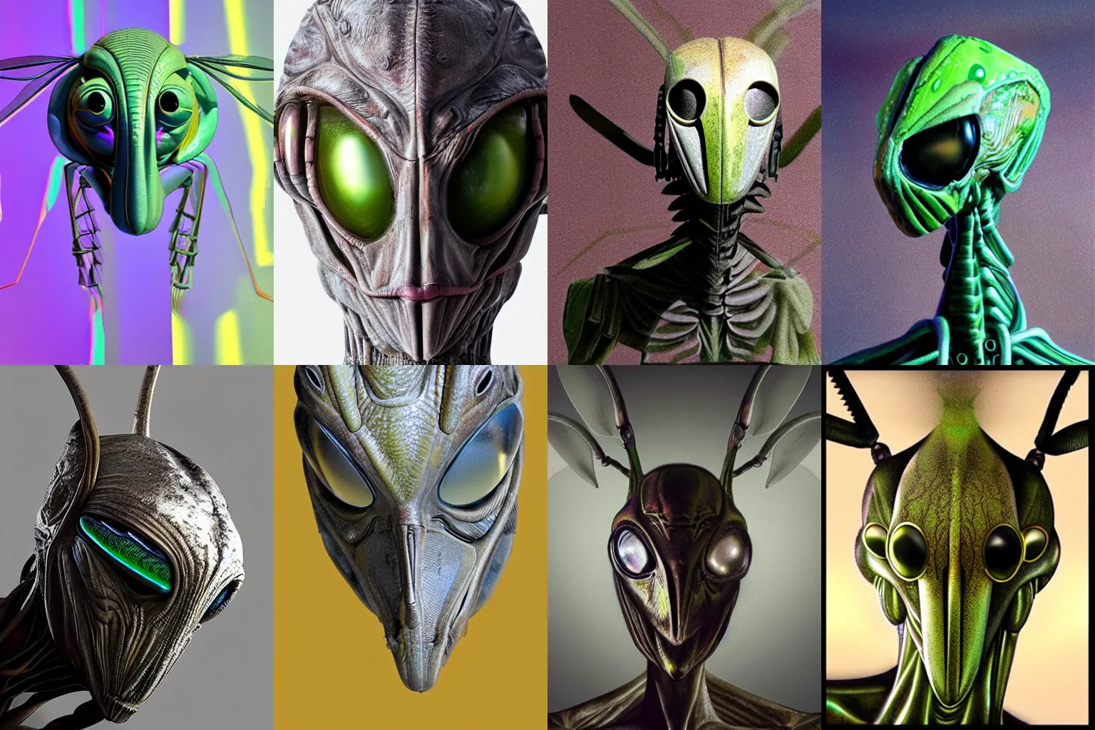 Prompt: organic alien in the form of mantis head, fullbody, hyperrealism, realistic photo, ultra detailed, surreal, heavy, technology, symmetrical front, dramatic lights