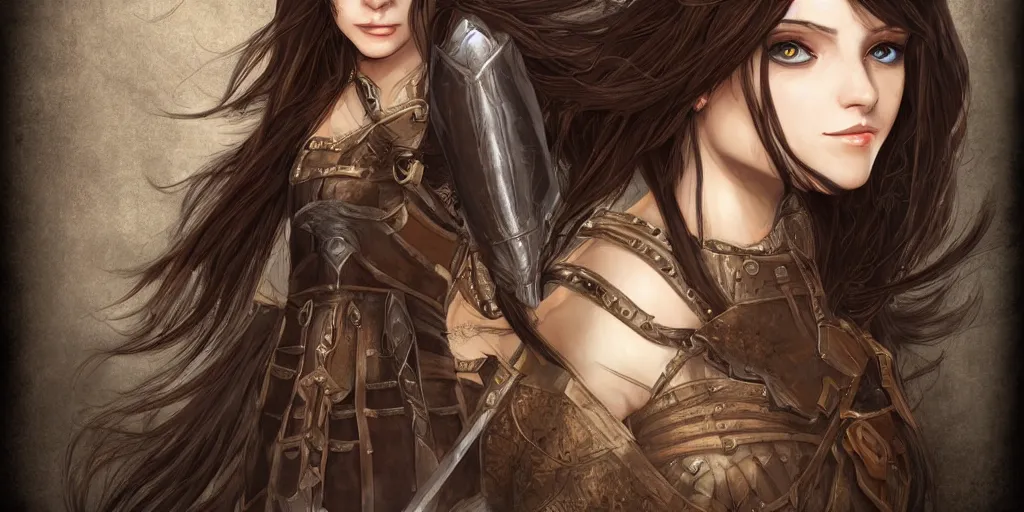 Image similar to 2 5 years old women : : dark straight hair : : brown medieval cloting, light armor, natural materials : : high detail, digital art, illustration, realistic, rpg, fantasy