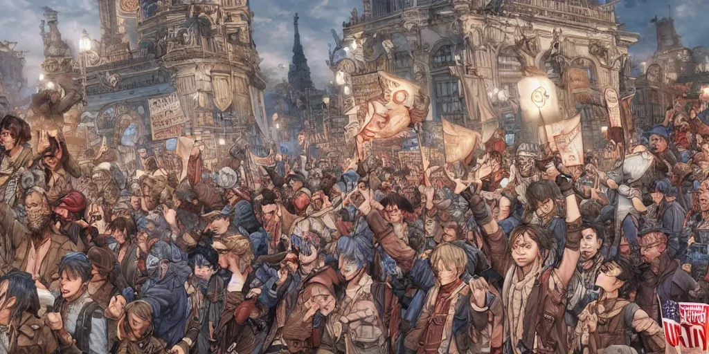 Image similar to i am happy to join with you today in what will go down in history as the greatest demonstration for freedom in the history of our nation. ultrafine detailed colored hyperrealistic illustration by kim jung gi, james jean, intricate linework, sharp focus, octopath traveler, final fantasy, unreal engine highly rendered, global illumination, radiant light, intricate environment