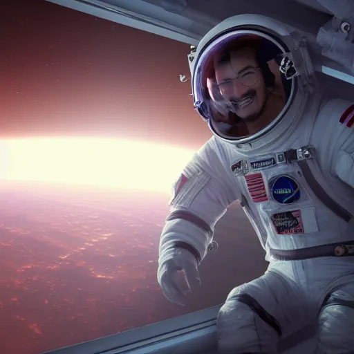 Image similar to Evil Markiplier looking out of the window of the International Space station with a smile on his face. Devilish markiplier unreal engine imagery with markiplier. Digital art from Nasa, trending on art station, created by beeple, complementary of the International Space Station.