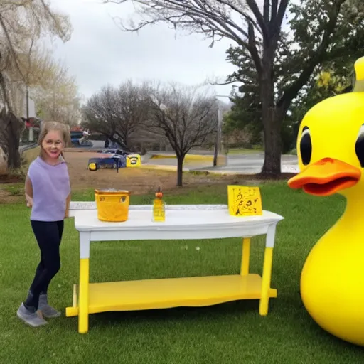 Image similar to a yellow human sized duck standing next to a children's lemonade stand