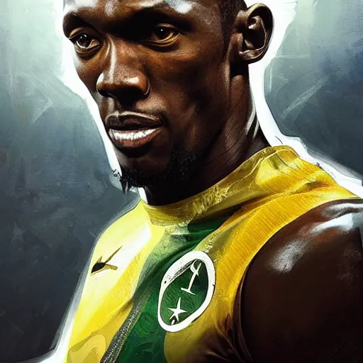 Image similar to a professionally painted portrait of Usain Bolt, clothed in military armor, intricate, elegant, digital painting, trending on Artstation, concept art, smooth, sharp focus, illustration, from Metal Gear by Ruan Jia and Mandy Jurgens and Artgerm and William-Adolphe Bouguerea, award winning