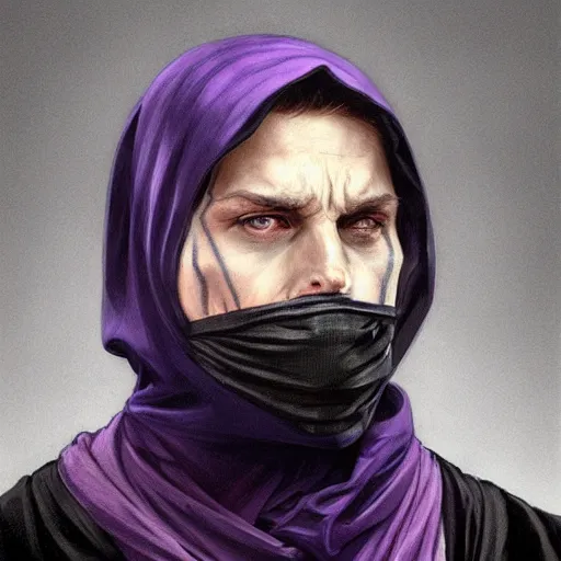 Image similar to ultra realistic illustration, man in a black hood, in a striped purple balaclava, mysterious, highly detailed, digital painting, artstation, concept art, smooth, sharp focus, illustration, art by artgerm and greg rutkowski and alphonse mucha