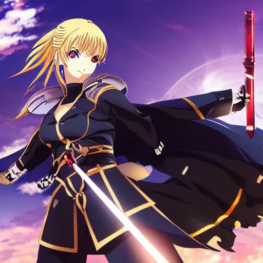 Prompt: key anime visual of a battle maiden dressed like saber, dynamic pose, dramatic pose, shield and sword, sky background.