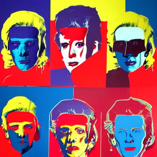 Image similar to cyborgs, panels, primary colors, cyborgs lithography, cyborgs by warhol, cyborgs in the style of andy warhol