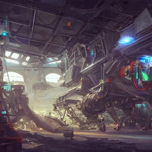 Image similar to the inside of a futuristic mechanic spaceshop coc, highly detailed interior, scrap metal on workbenches, half - finished robot, holographic screen in center frame by peter mohrbacher, trending on artstation, cryengine render, 8 k