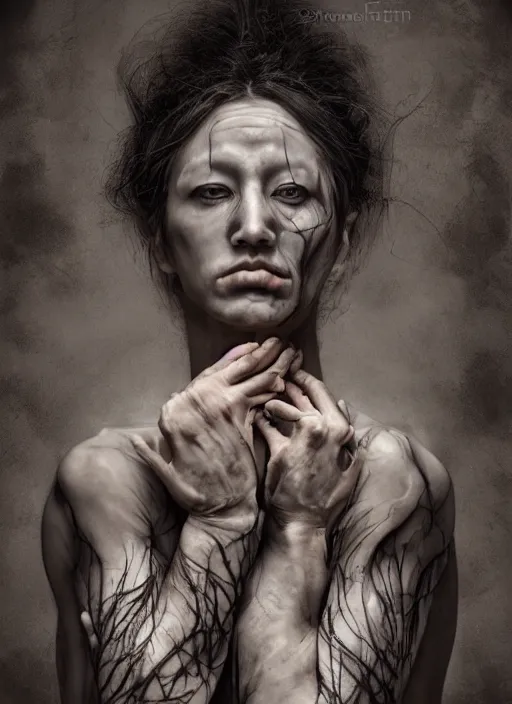 Image similar to expressive face potrait photo of a clothed male and female butoh dancers, glamour shot, by jenny saville, by stefan gesell, photorealistic, canon r 3, fashion photography, hyper maximalist, elegant, ornate, luxury, elite, environmental portrait, symmetrical features, octane render, unreal engine, solid dark grey background, dramatic lights