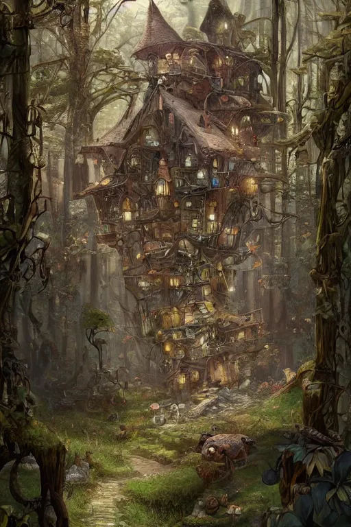 Image similar to a storybook illustration of a ramshackle multistory fairytale hut in the forest, intricate, elegant, fantasy, highly detailed, digital painting, concept art, sharp focus, artstation