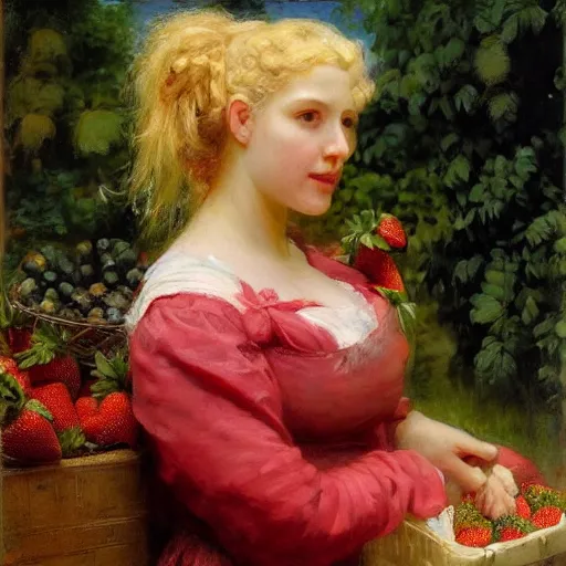 Image similar to A beautiful Blonde Woman with Locks selling strawberries in the style of Jean-Joseph Benjamin-Constant, Portrait