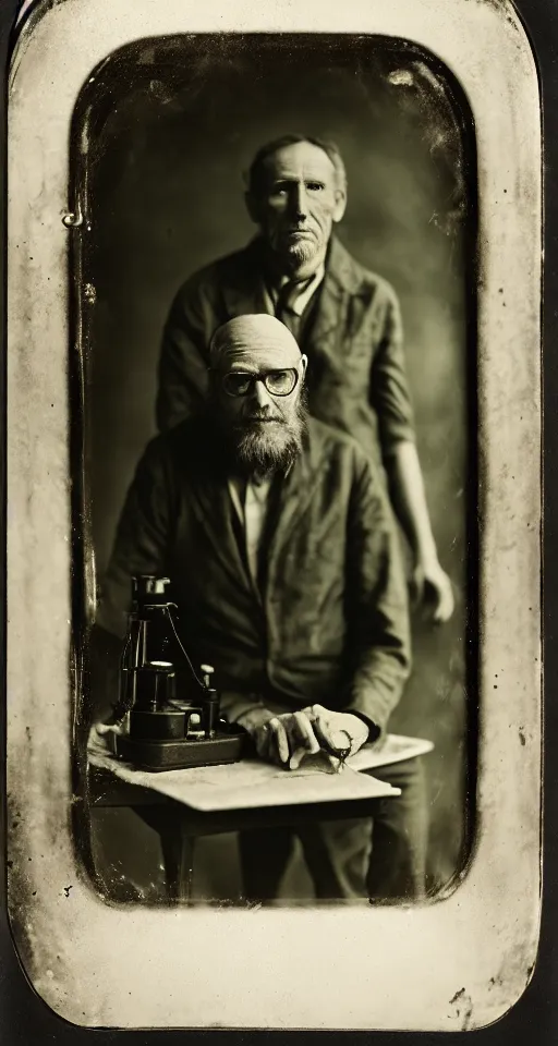 Image similar to a wet plate photograph, a portrait of a scientist