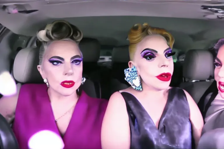 Image similar to lady gaga and judy garland doing carpool karaoke, lady gaga and judy garland, carpool karaoke, lady gaga, judy garland, carpool karaoke, youtube video screenshot, the late late show with james corden, higly realistic, high resolution, dashcam