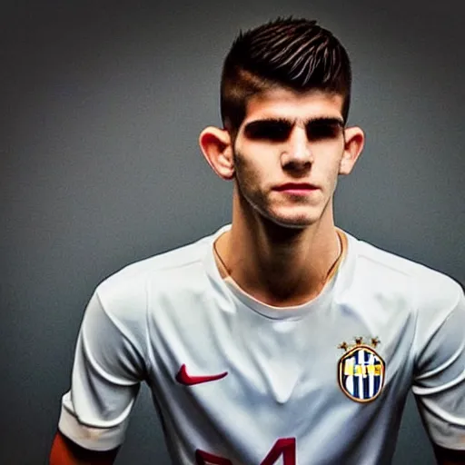 Image similar to “a realistic detailed photo of a guy who is an attractive humanoid who is half robot and half humanoid, who is a male android, Christian Pulisic, shiny skin, posing like a statue, blank stare,, display”