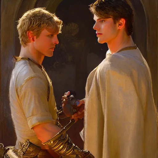 Image similar to attractive male, arthur pendragon who has blond hair confesses his love to attractive male, merlin who has dark hair. highly detailed painting by gaston bussiere, craig mullins, j. c. leyendecker 8 k